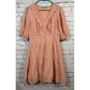 J‎ GEE Smocked Ruffle Tiered Dress Puff Sleeve Casual Pink size XL